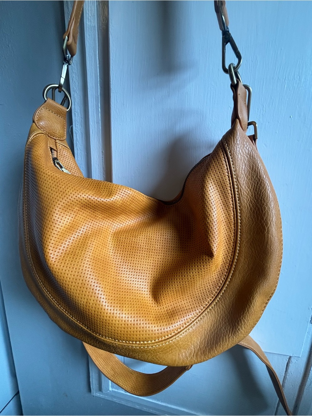 Anthropologie Mustard Tan Perforated Faux Leather Hobo Bag